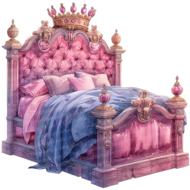 a bed with a pink and blue comforter on it's headboard is shown