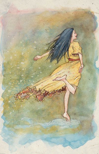 a watercolor painting of a woman in a yellow dress with long hair flying through the air