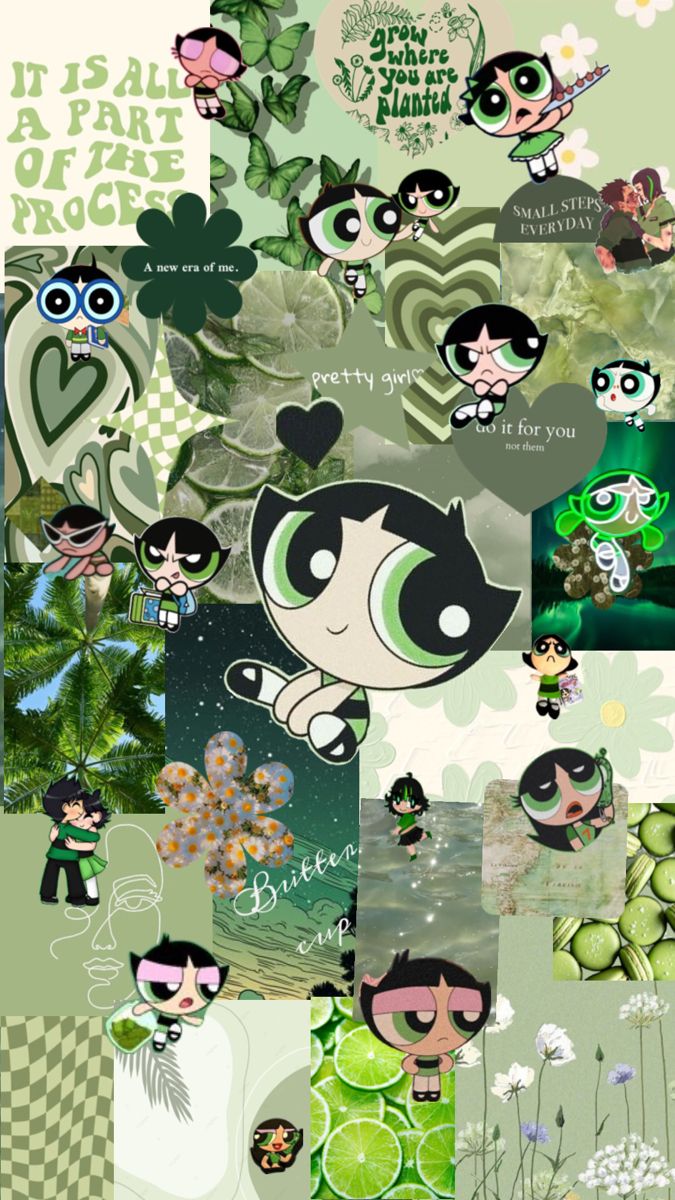 the powerpuff girls collage is shown in green and white colors, with many different