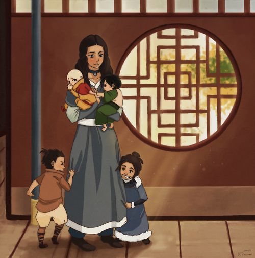 an animated image of a woman holding two children