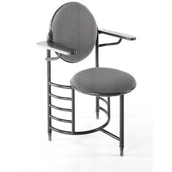 a black and white photo of a chair with an armrest on the back of it