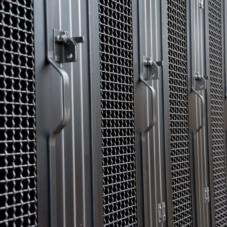 several metal lockers lined up next to each other