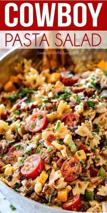 this cowboy pasta salad is loaded with lots of fresh ingredients