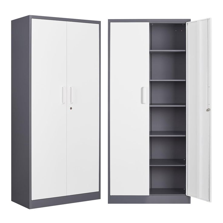 two white cupboards with open doors on each side and one closed in the middle