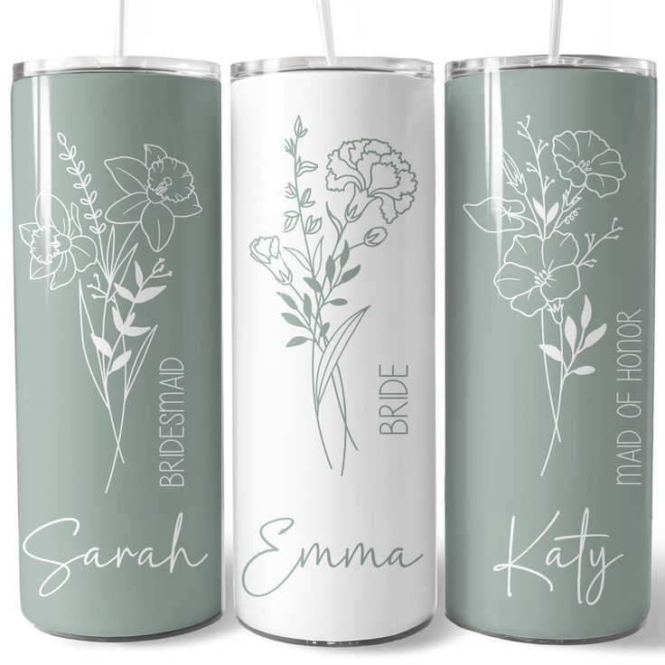 three green and white canisters with flowers on them, one for personalized