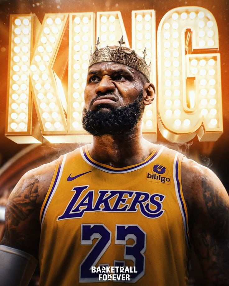 the los lakers basketball player wearing a crown and standing in front of a sign that says king