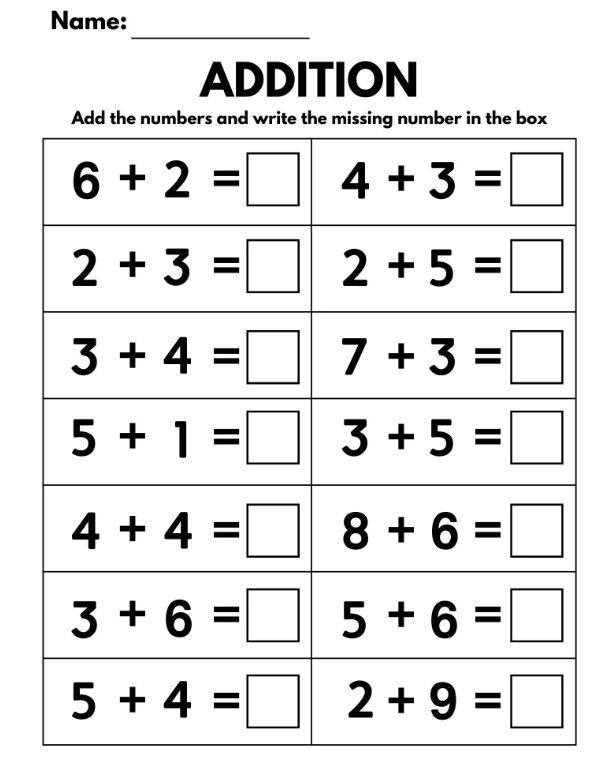 addition worksheet with numbers to 10 and the missing number in the box on it