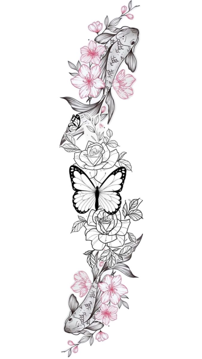 a fish and flowers tattoo design on a white background