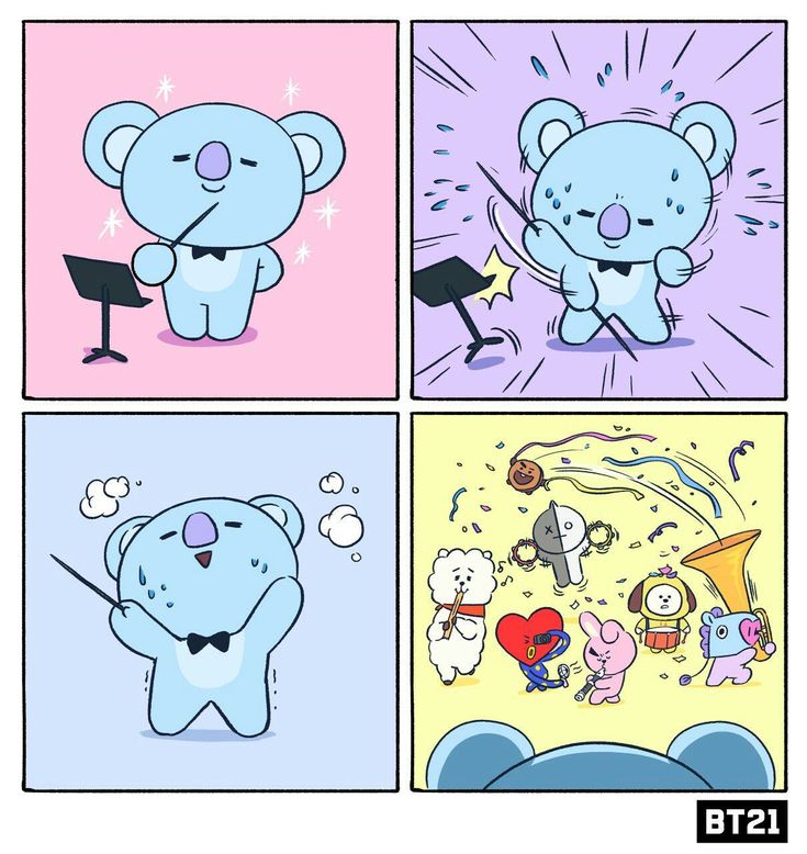 four panel comic strip with an image of a teddy bear and other cartoon characters in the background