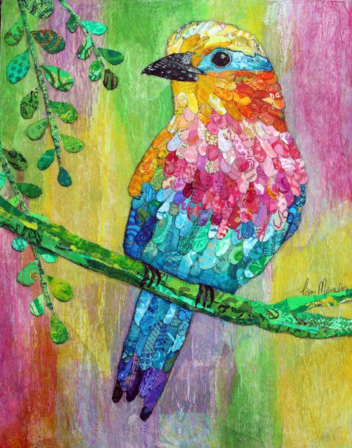 a painting of a colorful bird sitting on a tree branch with leaves in the background