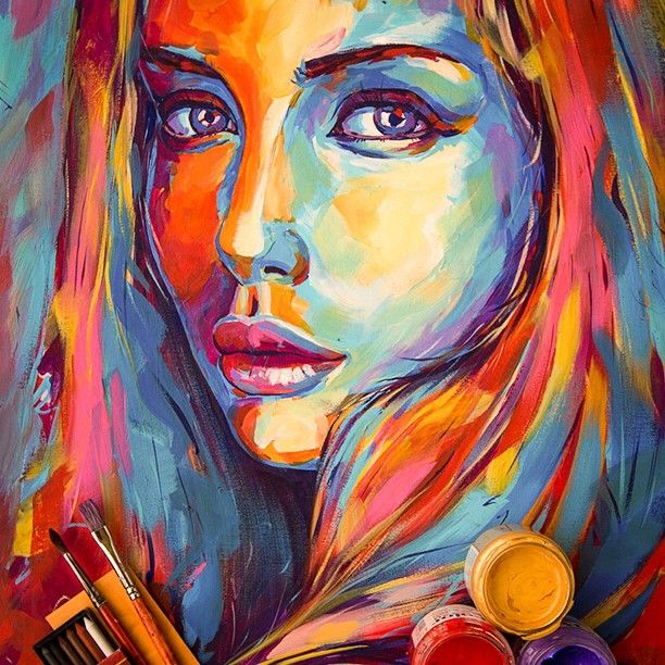 a painting of a woman's face with colorful hair