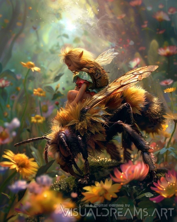 a fairy sitting on top of a bee surrounded by flowers