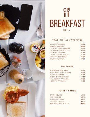 the breakfast menu is ready to be eaten on the table with other foods and drinks