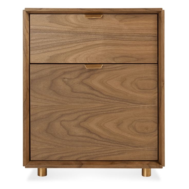 a wooden cabinet with two drawers on one side and an open drawer on the other