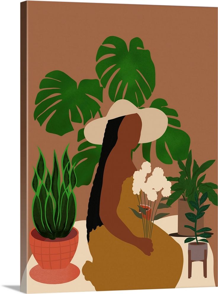 a painting of a woman sitting in front of potted plants and holding a flower