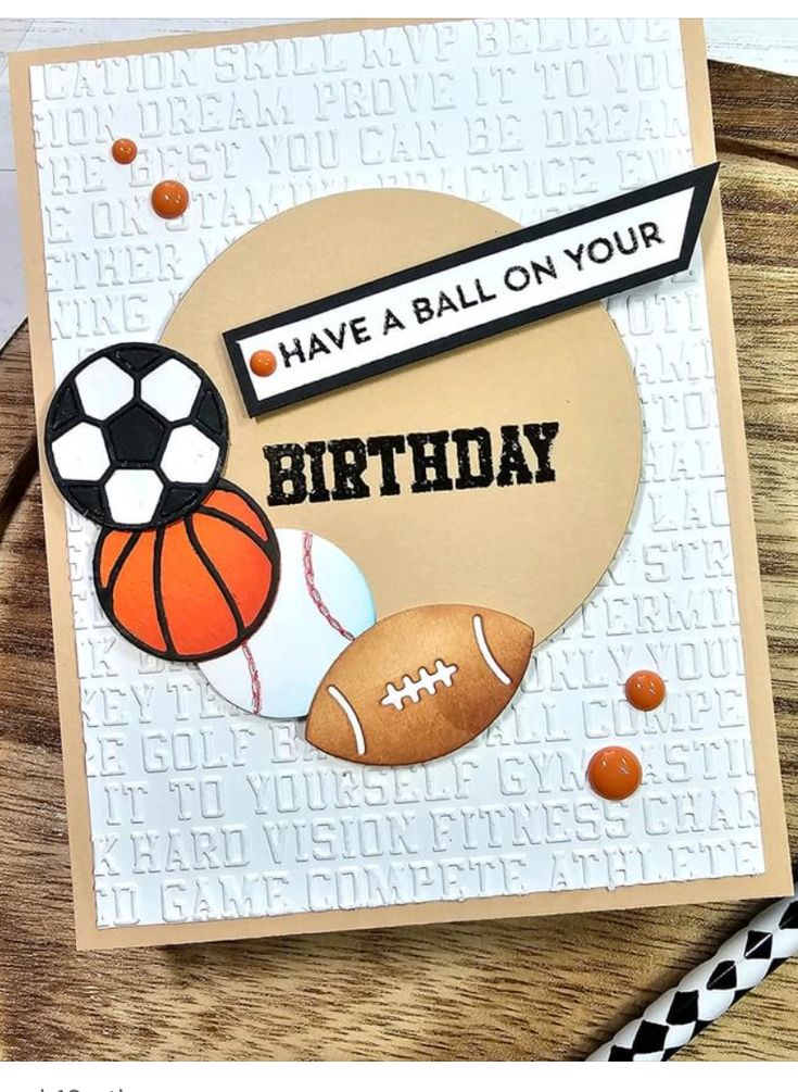 a birthday card with an image of a basketball, ball and soccer on it