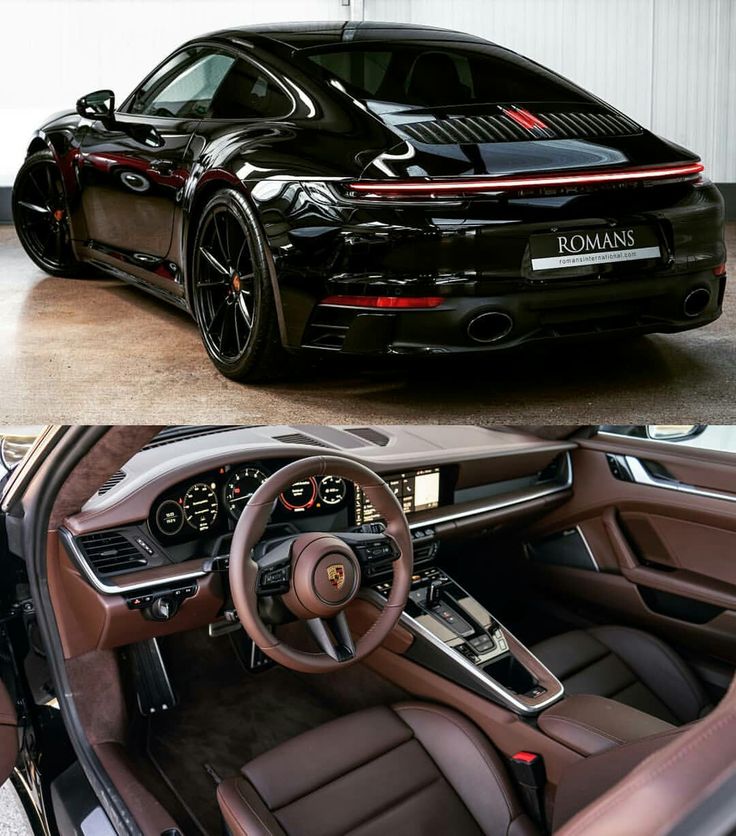 two pictures of the inside and outside of a black sports car, one with brown leather seats