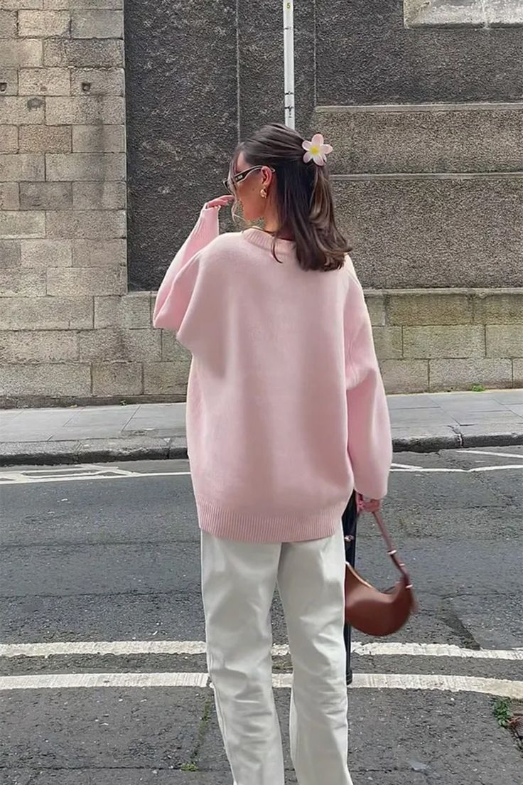 pastel pink knit sweater, fall and winter outfit ideas, that girl aesthetic outfit, boogzel clothing Pastel Pink Sweater Outfit, Basic Knitted Sweater, Baby Pink Winter Outfits, Pink Sweater Fall Outfit, Pink Fall Outfit Ideas, Pink Winter Dress Outfit, Light Pink Turtleneck Outfit, Pink Outfit Fall, Baby Pink Sweater Outfit