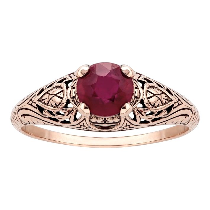 10k-rose-gold-vintage-style-genuine-round-ruby-scroll-ring Enhance any wardrobe with this vintage inspired Ruby ring. This uniquely designed ring showcases genuine natural 6mm round-shaped Ruby. The ring features hand engraving and scroll-work to create a truly vintage inspired design. Crafted of 10k rose gold, this piece is a wonderful addition to your jewelry collection. Scroll Ring, Ruby Wedding Band, Ruby Wedding Rings, Yellow Gold Diamond Engagement Ring, July Birthstone Ring, Flower Engagement Ring, Moonstone Engagement Ring, Ruby Jewelry, Filigree Ring