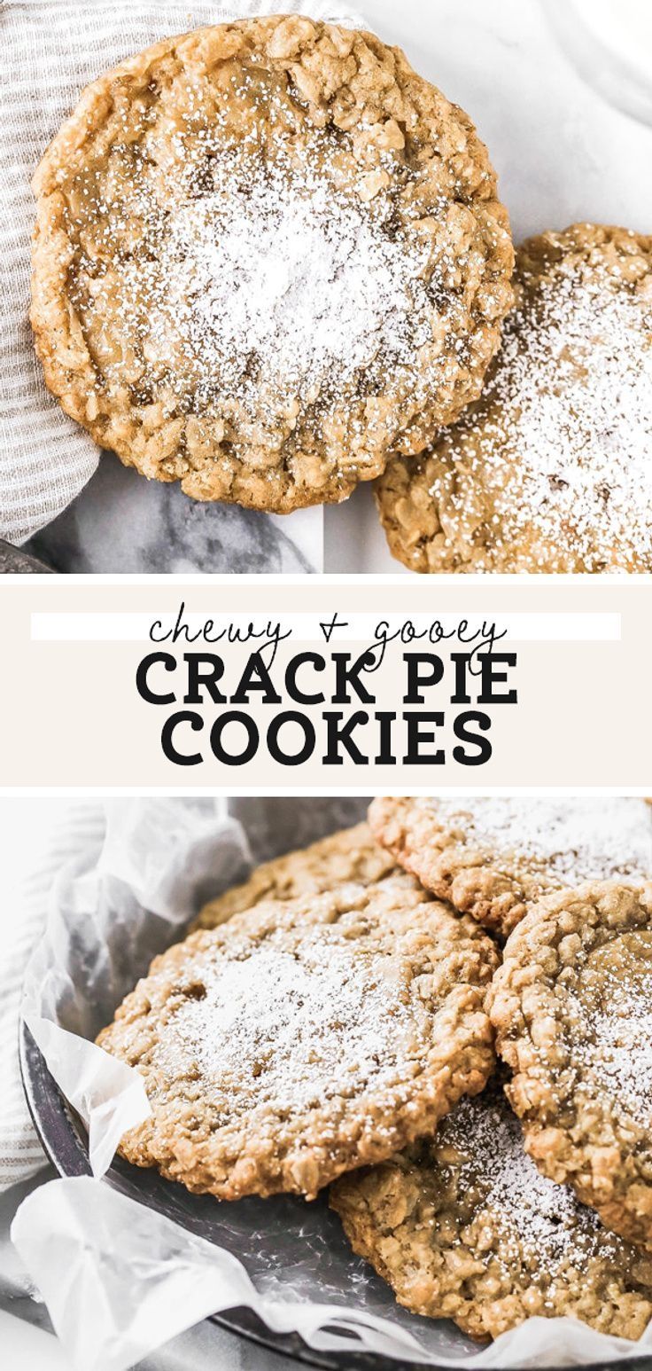 three cookies with powdered sugar on top and the title above it in white text