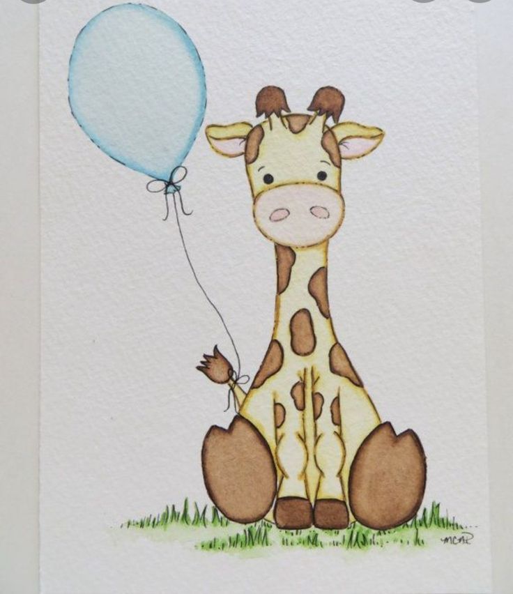 a drawing of a giraffe with a balloon on it's back, sitting in the grass