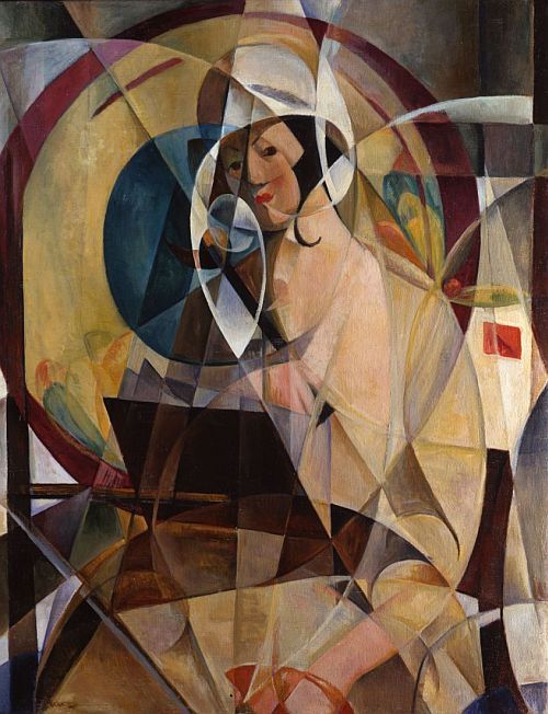 an abstract painting with various shapes and colors, including a woman's face in the center