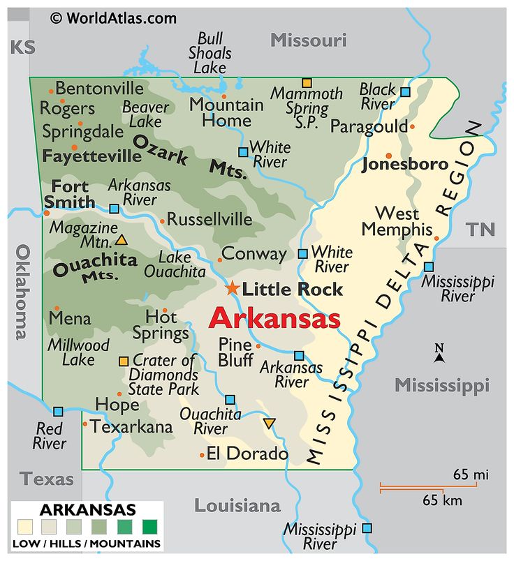 a map of the state of arkansas with major cities and roads in red on it