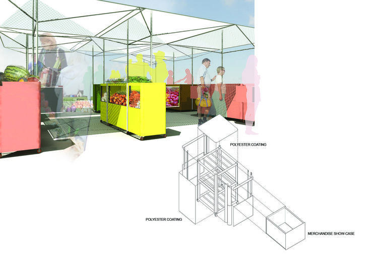 an architectural rendering of a fruit stand with people in the background