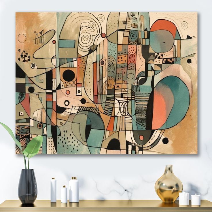 a painting hanging on the wall above a table with vases and candles in front of it