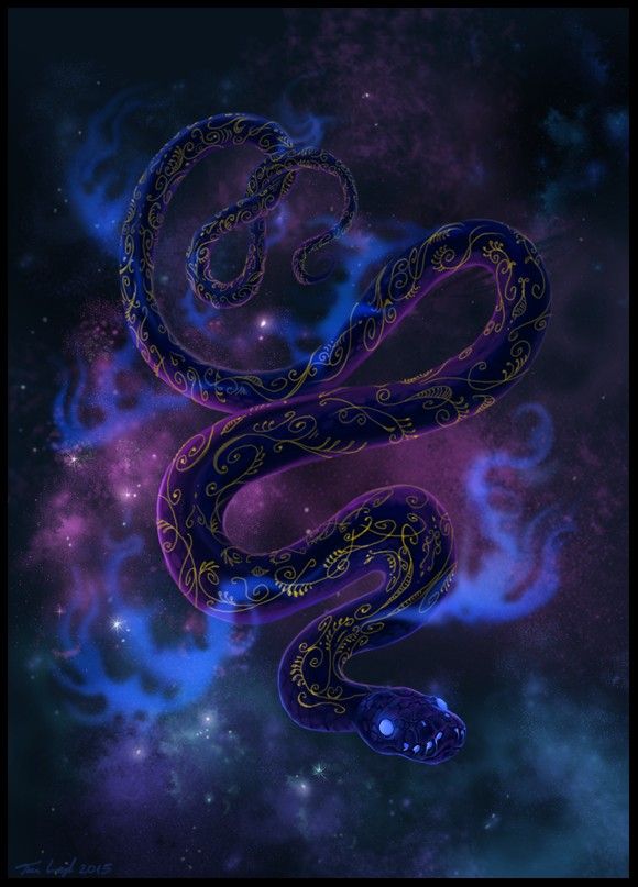 a blue and purple snake with swirls on it's tail in the sky