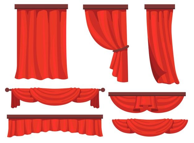 a set of red curtains and valancees on a white background, with clippings