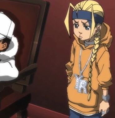 two anime characters standing next to each other in front of a red wall and one is wearing a yellow hoodie