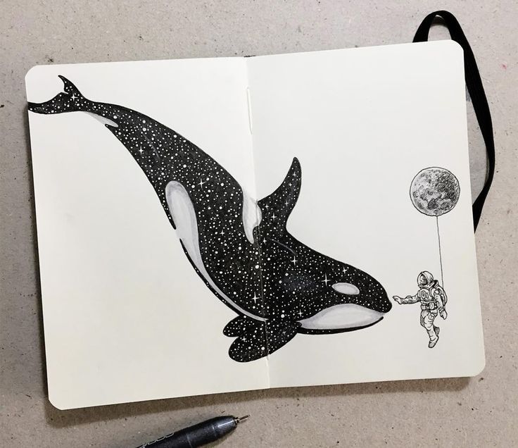 a drawing of an orca jumping out of the water with a balloon attached to it