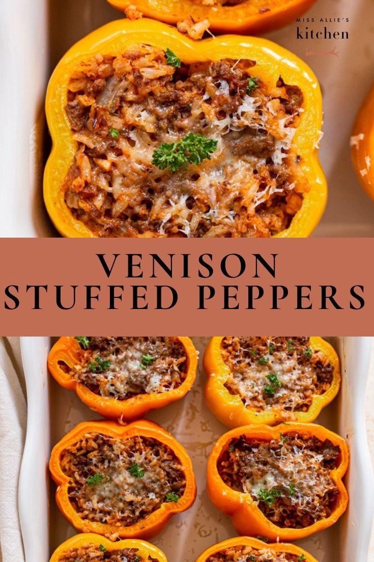 an image of stuffed peppers with text overlay that reads, venison stuffed peppers