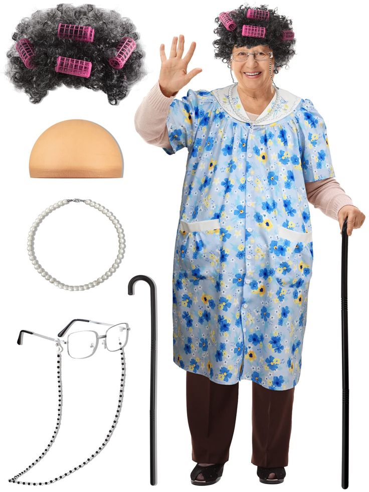 PRICES MAY VARY. Old Lady Costume Set for 100th day of School Package: you will get 1 piece of women short sleeve robe with print flower, piece of granny wig with 4 pieces of hair rollers, piece of grandma wig cap, 1 piece of granny glasses, 1 piece of eyeglass chains, 1 piece of granny faux pearl beads necklaces and 1 piece of adjustable crutches, enough to play the role of an old lady perfectly at a party; The old lady costume set will save your time and energy in matching Reliable Material: t Old Lady Costume For Kids, Old Lady Halloween Costume, Grandma Wig, Granny Wig, Granny Glasses, Grandma Dress, Granny Dress, Old Lady Costume, Party Dress Inspiration