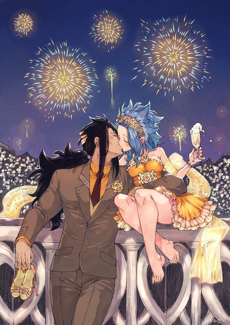 an anime scene with two people kissing and fireworks in the background