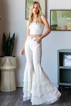 #BEAUTY ,#REALATIONSHIPS #Fashion #Outfits #SUMMER Outfits #Animals Silk Bell Bottom Pants, White Bell Bottoms, Jeans With Lace, Pants With Lace, Umgee Clothing, Thml Clothing, Lace Jeans, Color Jeans, Umgee Dress