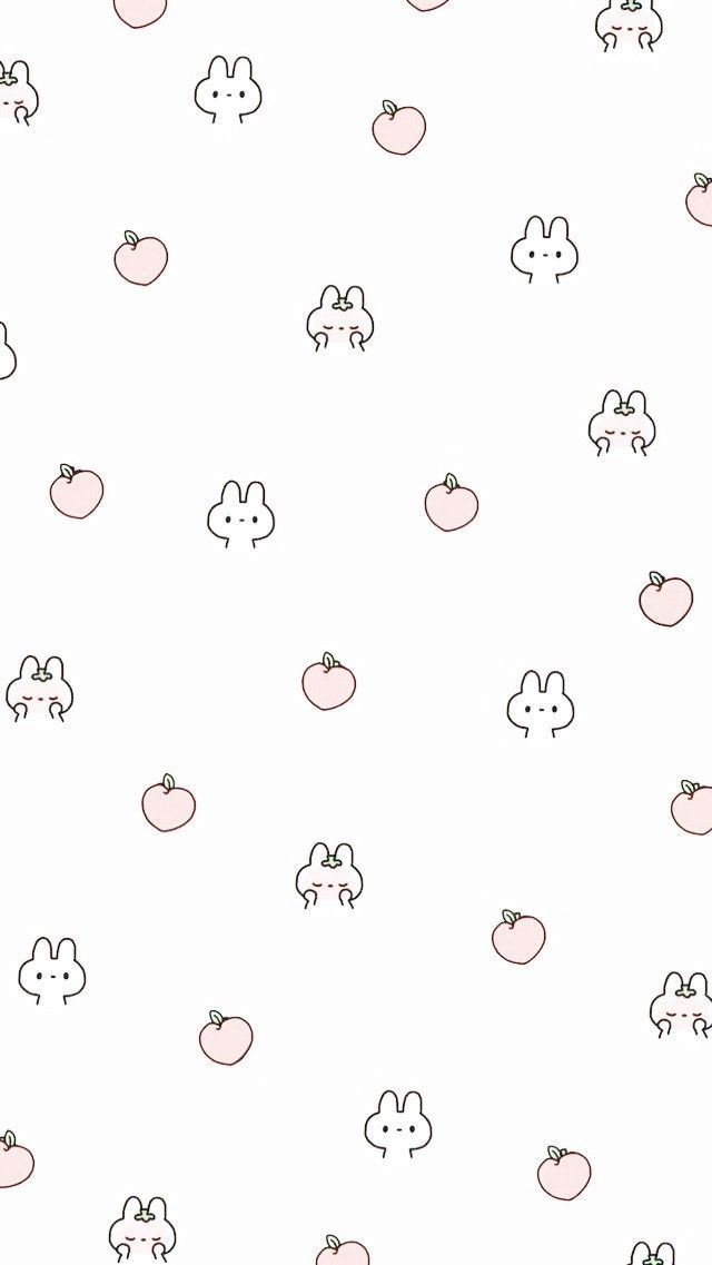 a white background with pink and black cartoon characters on it's side, including an apple