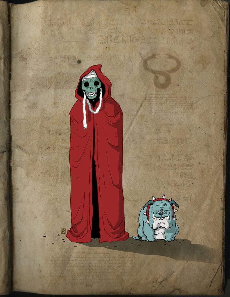 an old book with a drawing of a person in a red cloak next to a blue cat