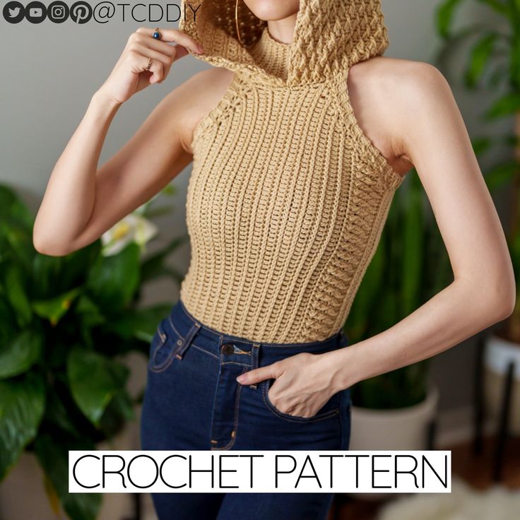 a woman wearing a knitted sweater and jeans with the words crochet pattern on it