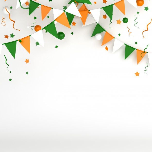 an orange, green and white party banner with confetti streamers on it