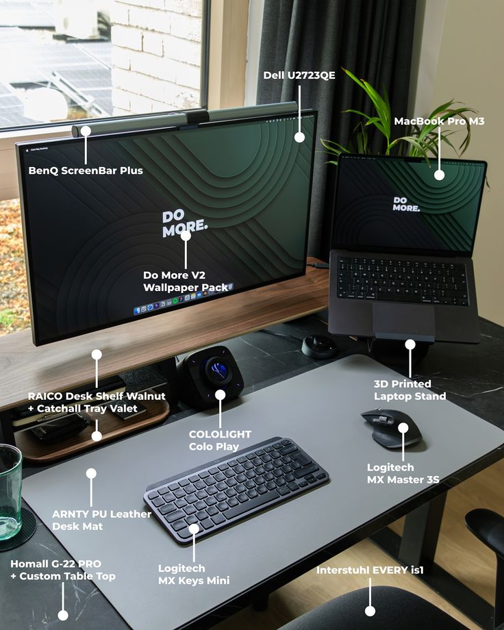 a desk with two computer monitors, keyboard and mouse next to each other on it