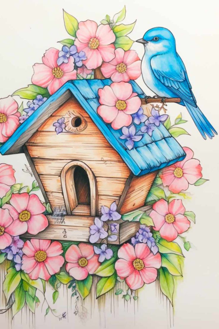 a blue bird sitting on top of a birdhouse with pink flowers and green leaves