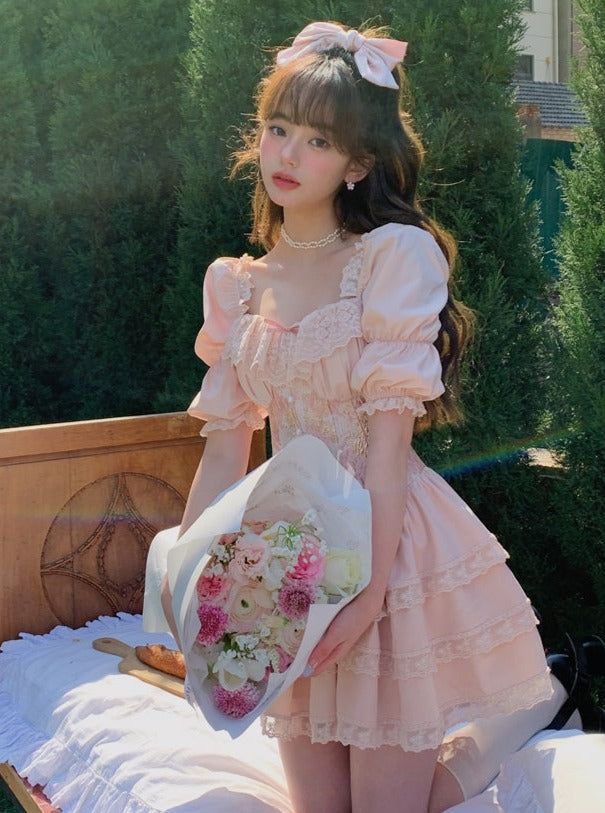 ❤︎ Fairy Super Forest Retro French Girl Jacquard Princess Dress❤︎ French Girly, Pink Princess Dress, Mode Rose, Pretty Quinceanera Dresses, Korean Fashion Outfits, Valentine Dress, Clothes Korean Style, Tea Party Dress, Cute Dress Outfits