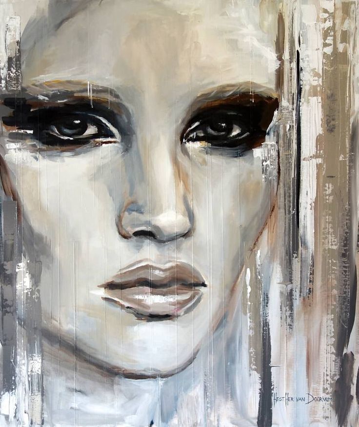 an abstract painting of a woman's face with black and white paint on it