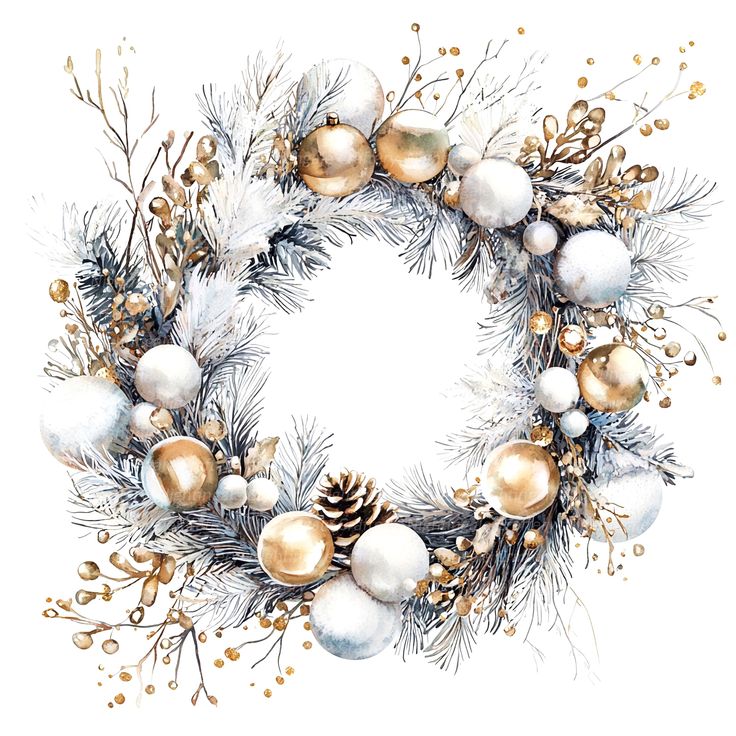 a watercolor christmas wreath with ornaments and pine cones on white background, hand drawn illustration