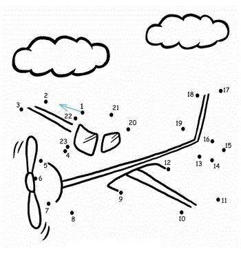 connect the dots and color airplane with clouds in the sky coloring pages for kids, free printable worksheet