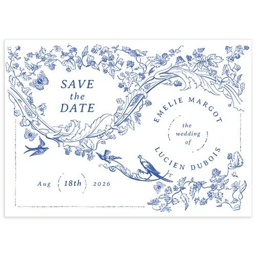 save the date card with blue flowers and birds