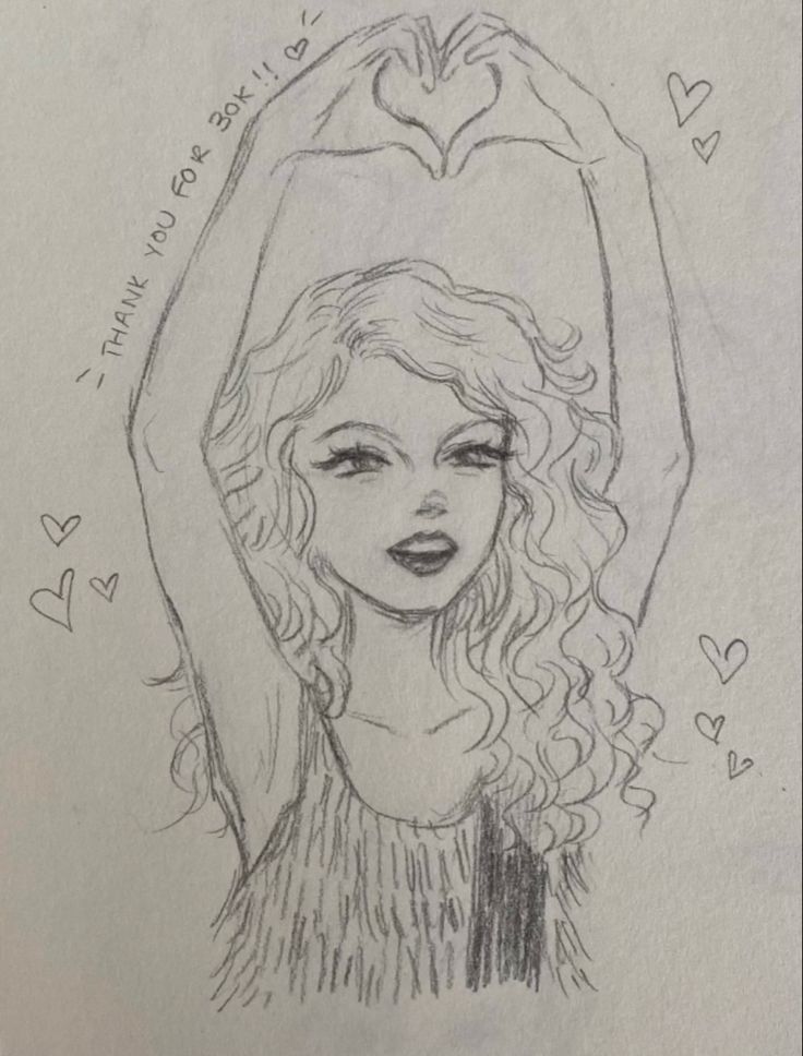 a drawing of a girl with her hands in the shape of a heart on top of her head