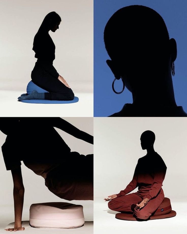 the silhouettes of three people are shown in different positions, including one woman doing yoga